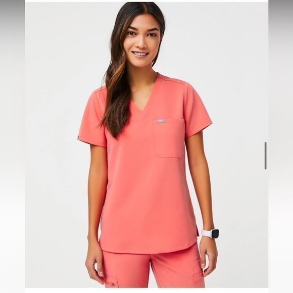 Figs Tops - Figs Hot Coral XS Catarina Scrub Top limited edition